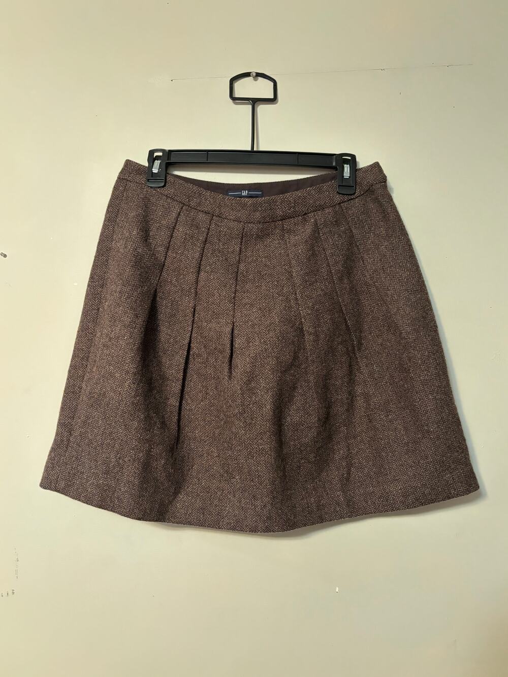 Vintage GAP 100% Wool Pleated Tweed Mini Skirt - Brown Herringbone